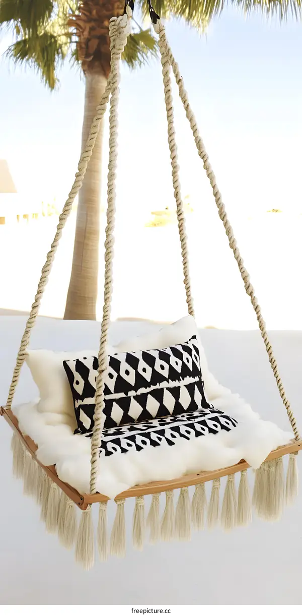 White Hanging Swing with Tassels and Cushions