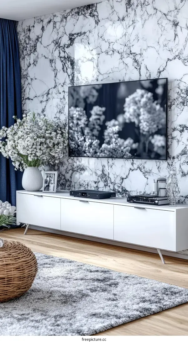 Modern Living Room Decor with Marble Wall TV Unit