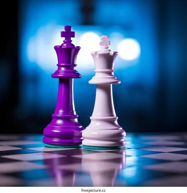 Purple and white chess pieces on a chessboard with a blue background