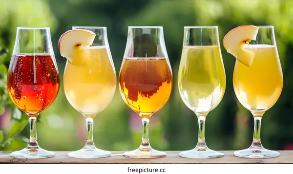 Five Glasses of Apple Cider With Apple Slices on a Wooden Surface