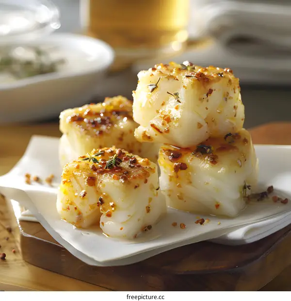 Roasted cod cubes with herbs and spices