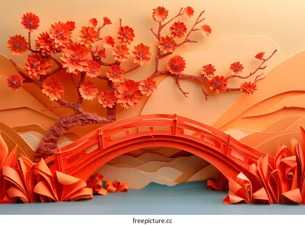 Paper Art of Japanese Landscape with Cherry Blossom Tree and Red Bridge