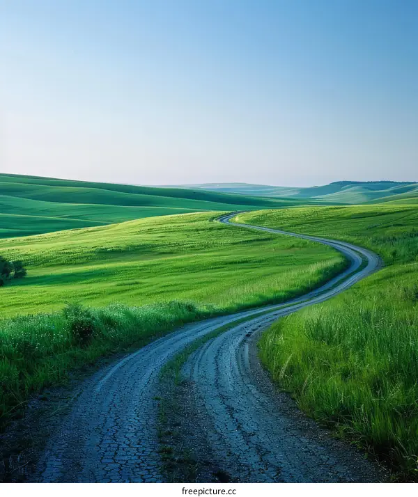 Country road through green fields under the blue sky