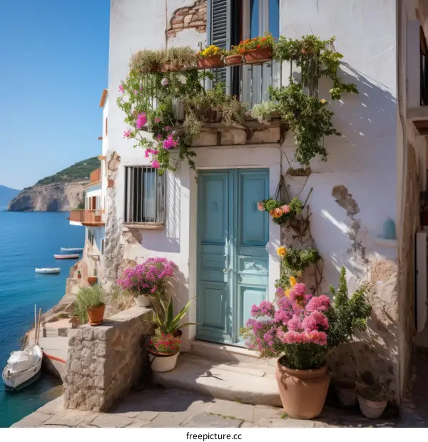 A beautiful house with a blue door and flowers on the balcony