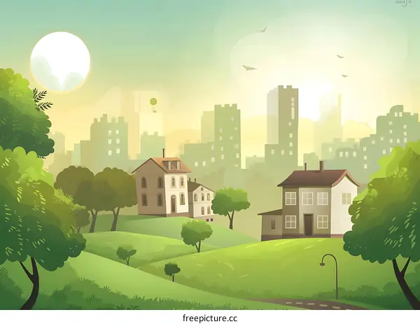 Cityscape Illustration With Green Hills and Trees