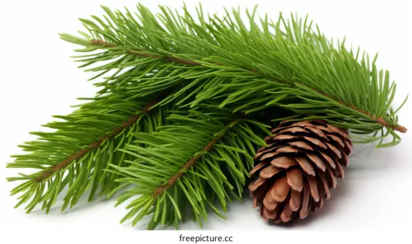Green fir tree branch with a brown pine cone