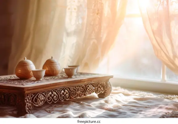 An elegant still life of a wooden table with tea cups by the window