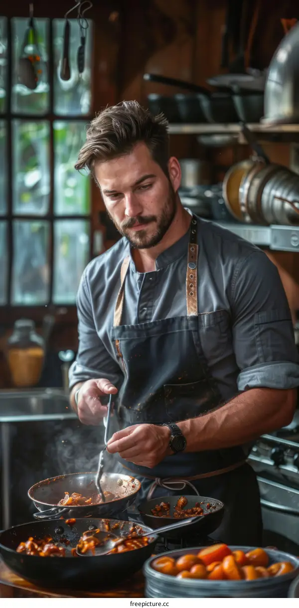 Focused male chef cooking in a commercial kitchen