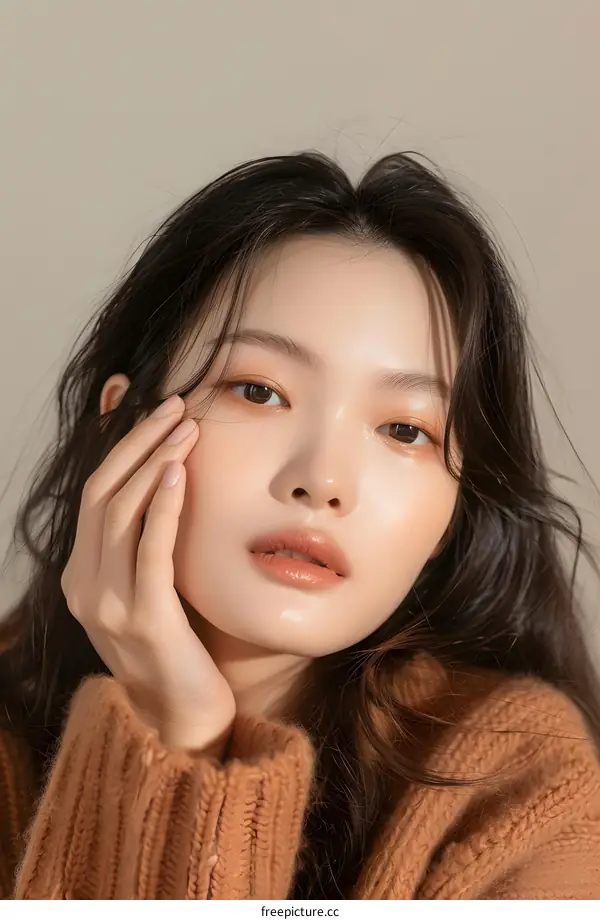 Beautiful Asian Woman with Long Hair Posing in a Brown Sweater