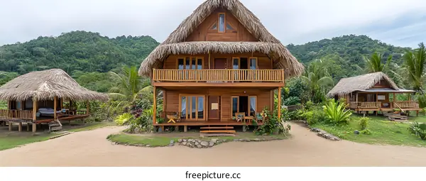 Tropical Wooden Houses with Thatched Roofs in a Jungle Setting