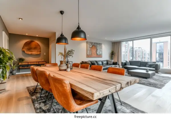 Modern Rustic Dining Area with Large Wooden Table