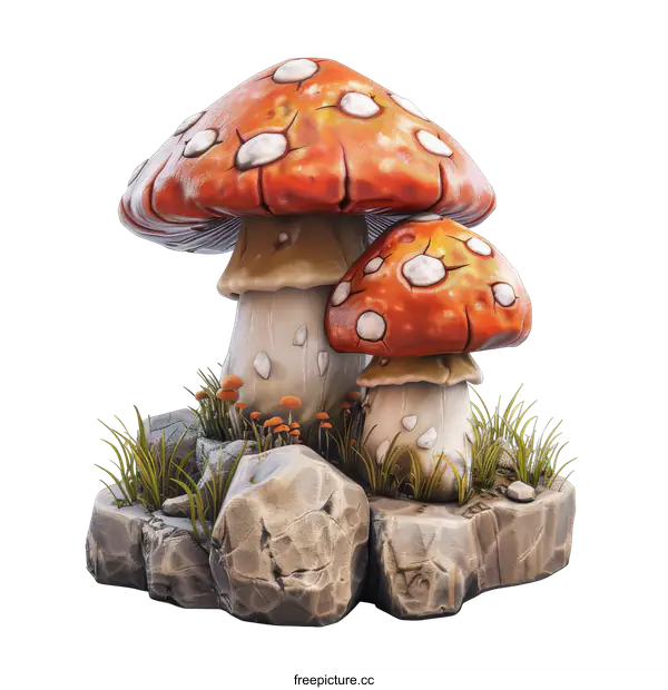 [Transparent Background PNG]Red and white spotted mushrooms on rocks with green grass