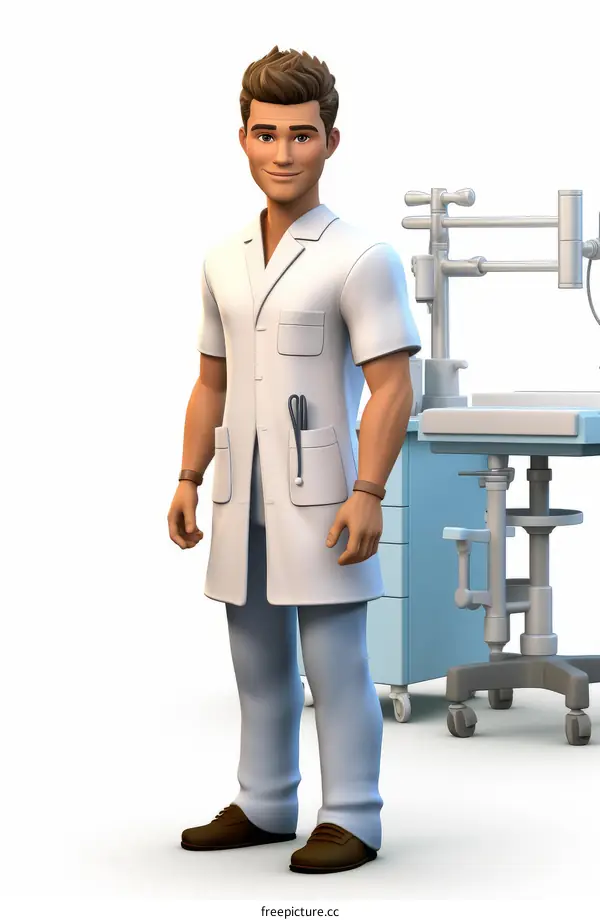 3D illustration of a male doctor in a white coat standing in a hospital room