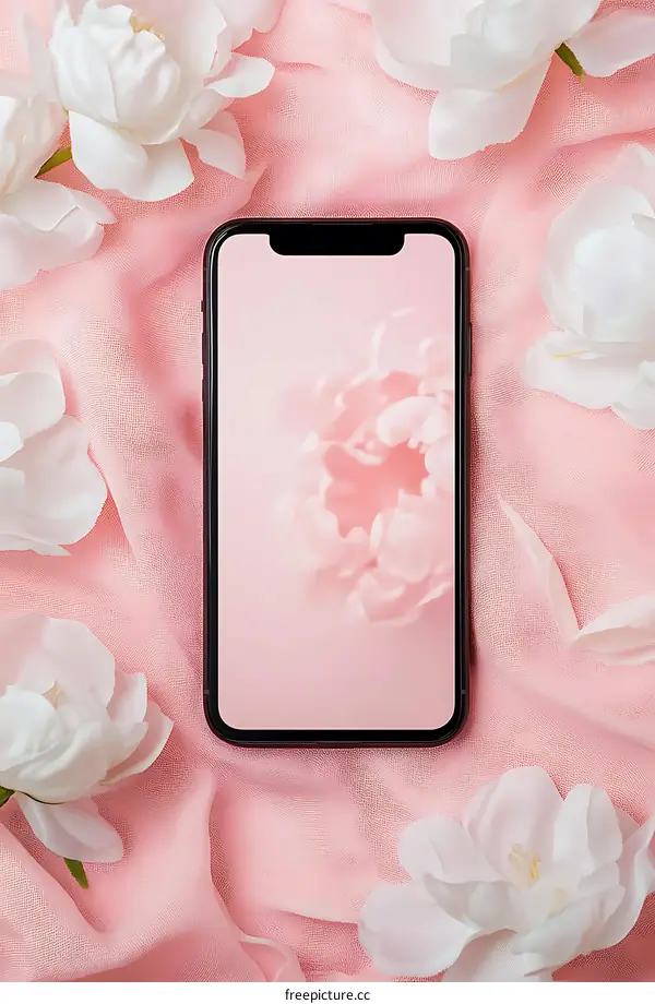 Pink Peony Flower On Mobile Phone Screen With Pink Fabric Background