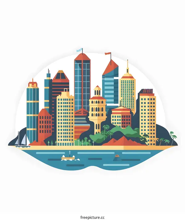 Cityscape Illustration with Buildings and Beach