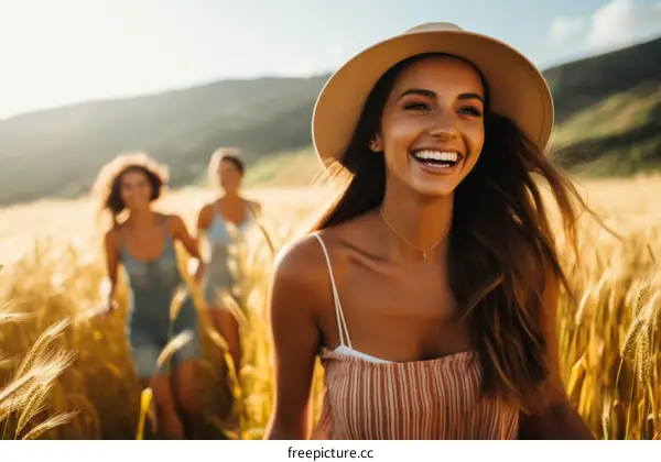 Three young women walking through a field of wheat