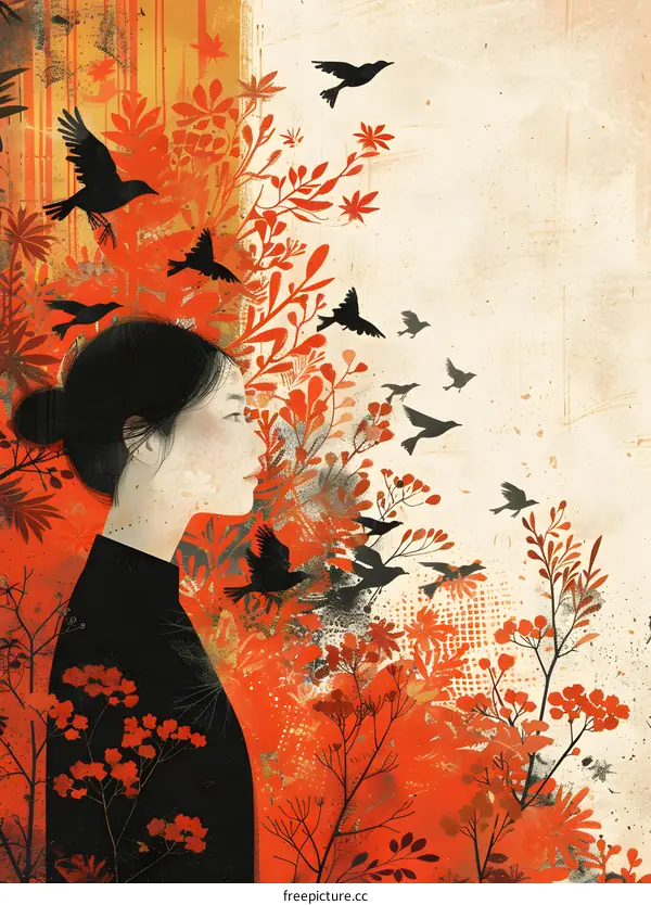 Woman in Red and Black Floral Illustration with Birds