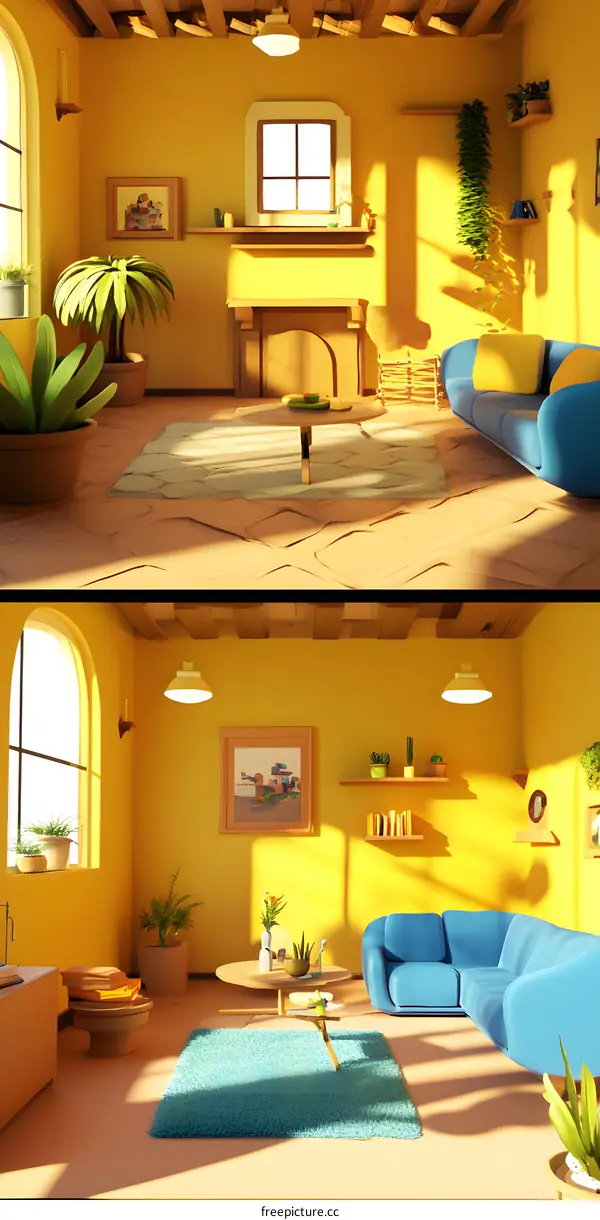 Yellow Living Room Interior Design Illustration with Sofa and Plants