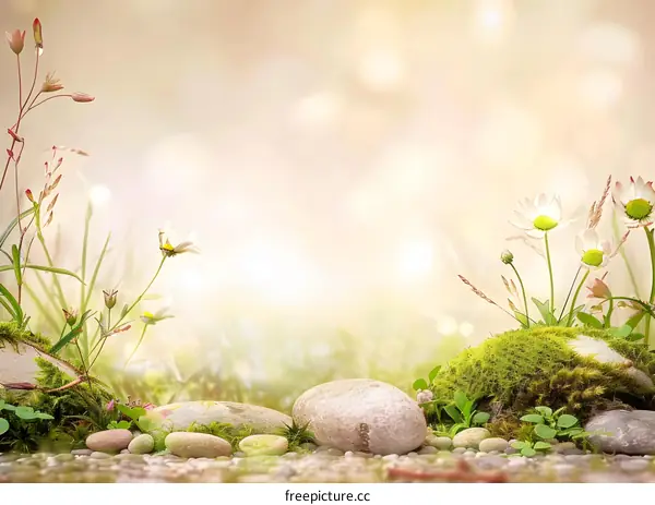 Spring Nature Background With Flowers And Stones