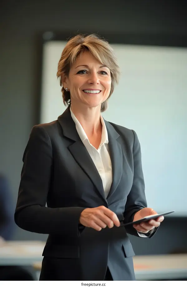 Smiling Businesswoman Holding Tablet in Office