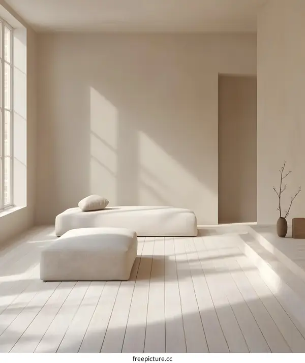 Minimalist Interior Design with Beige Cushions and Wooden Floor