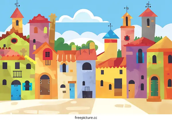 Colorful Cartoon Illustration of a European Village