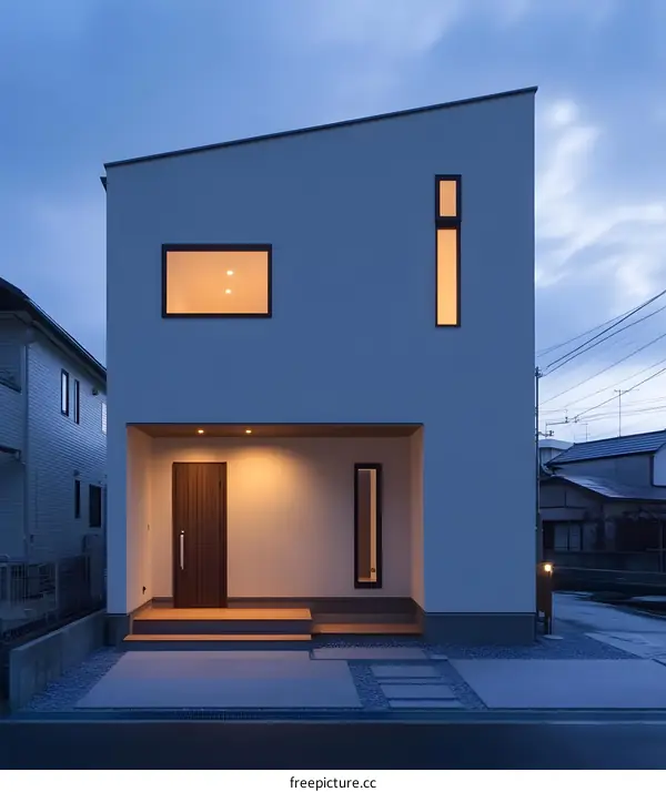 Modern Minimalist Home Exterior With Warm Lighting at Dusk