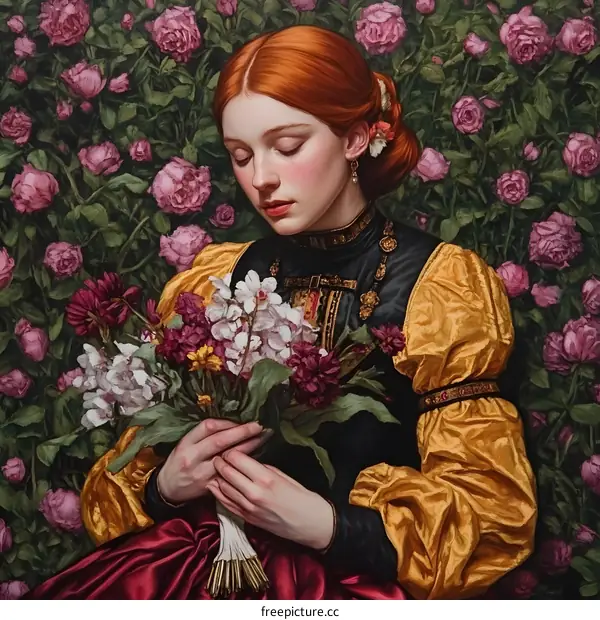 Woman in a Garden of Roses Holding Flowers