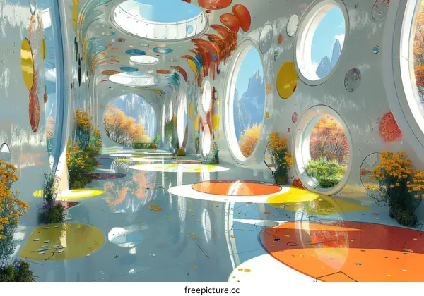 Futuristic Interior Space with Colorful Windows