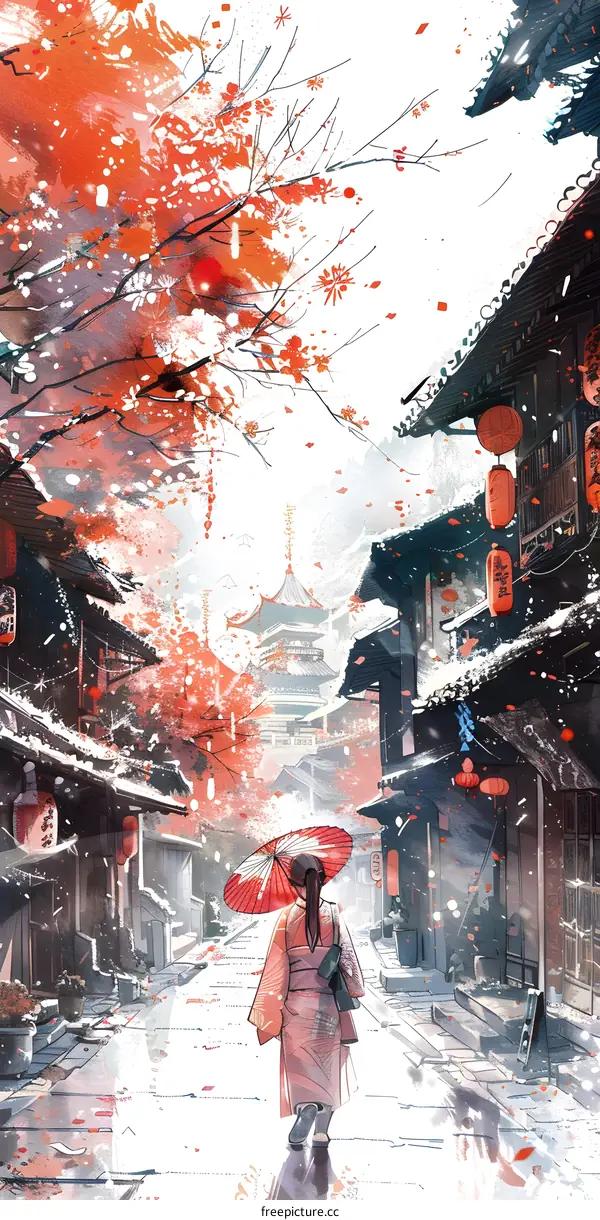 A girl with an umbrella walking in a snowy street