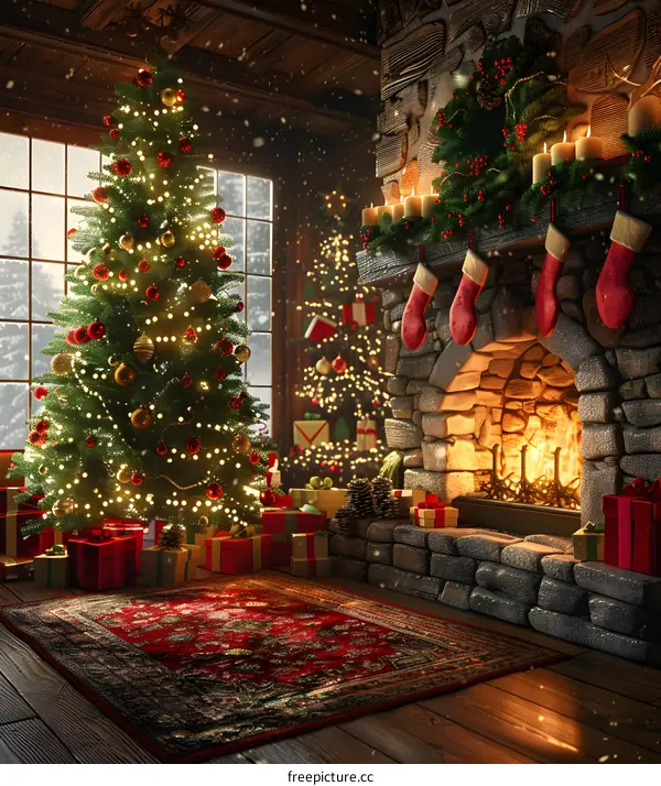 Christmas Tree by the Fireplace