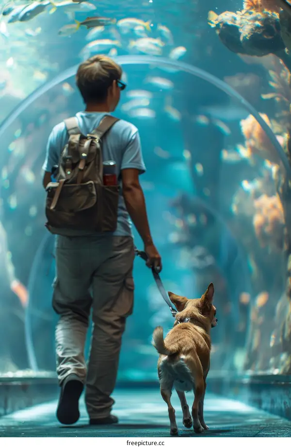 A person walking a dog in an aquarium