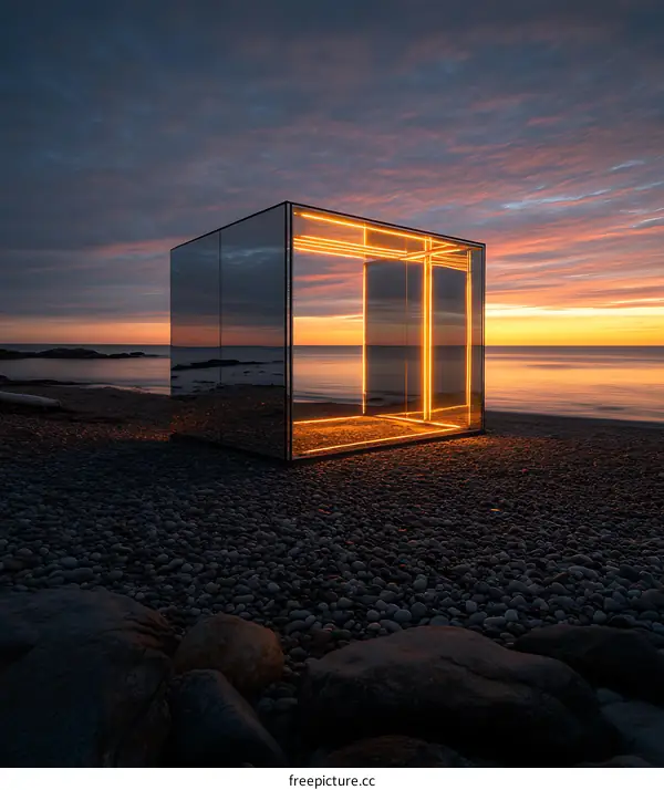 Minimalist Glass Cube Structure on Beach at Sunset