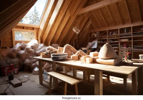 Organized Attic Space with Wooden Workbench and Skylight