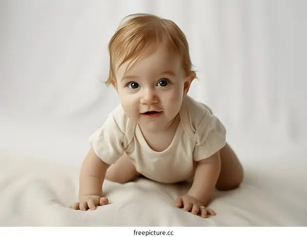 Cute Baby Girl Crawling on White Background