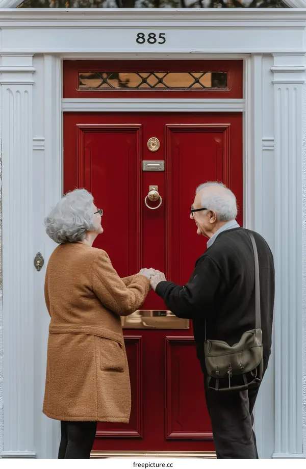 An elderly couple holding hands in front of a red door