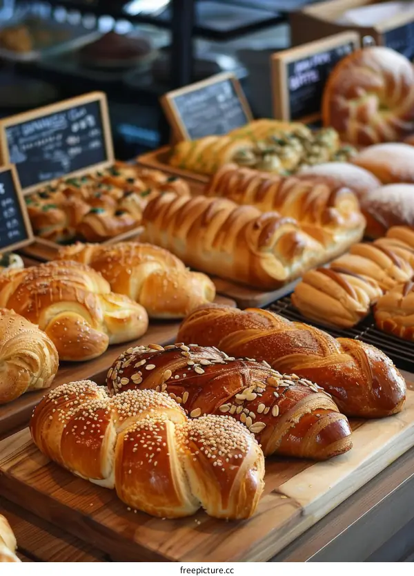 Freshly baked pastries and breads on a bakery shelf