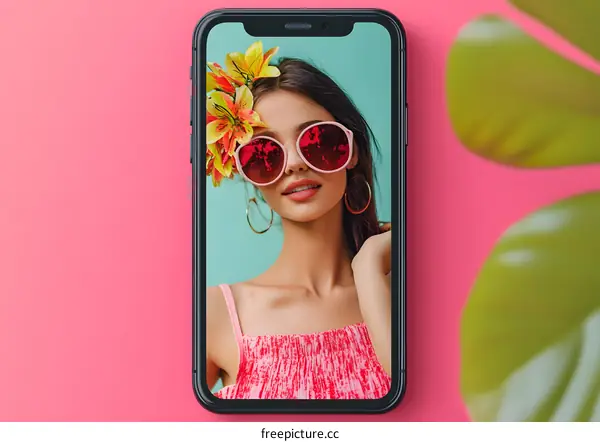 Woman with Flowers in Hair Holding Phone