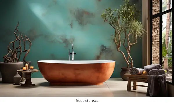 Copper bathtub in a bathroom with green walls and a tree