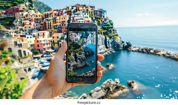Man Taking Photo of Colorful Italian Village on Smartphone