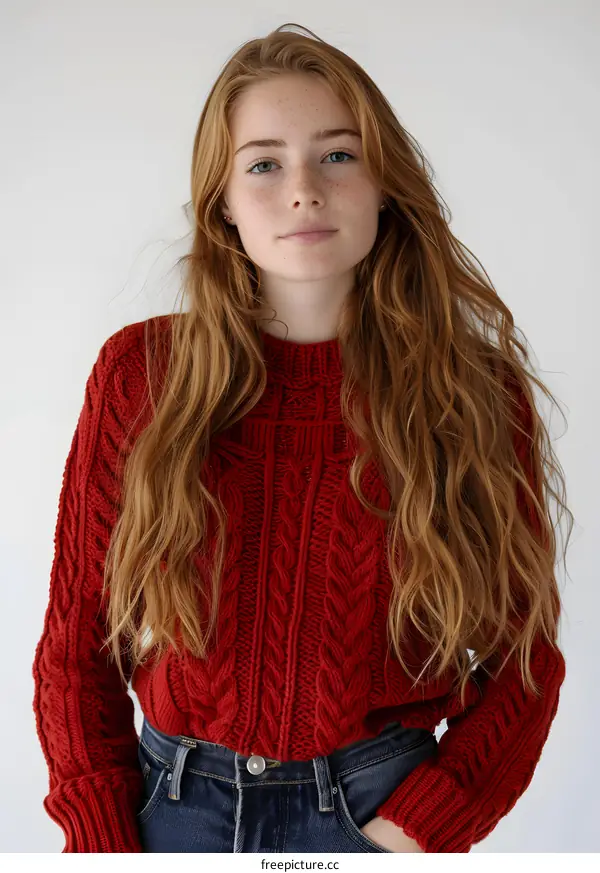 portrait of a young woman with long red hair wearing a red sweater