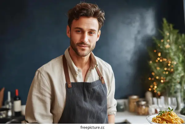A Caucasian Male Chef Holding a Plate of Pasta in a Modern Kitchen