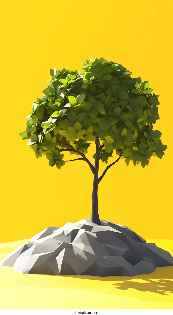 Low Poly Tree on a Rock with Yellow Background