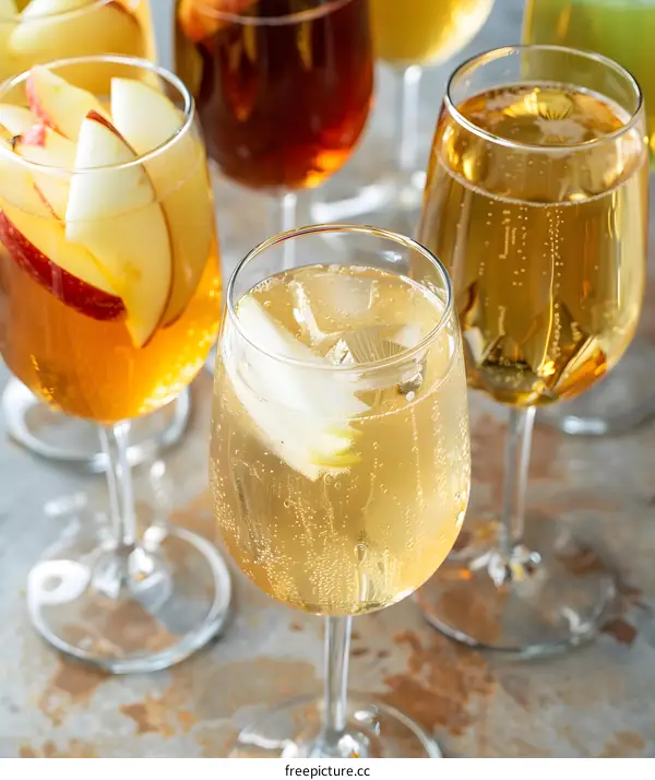 Close Up Of Glasses Of Apple Cider With Ice And Apple Slices