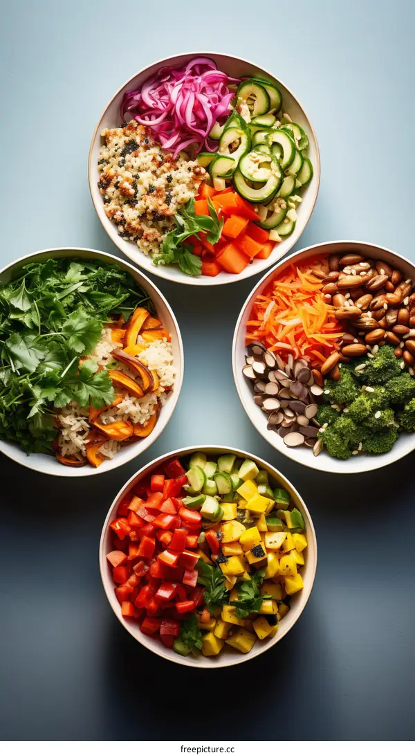 Four bowls of healthy food