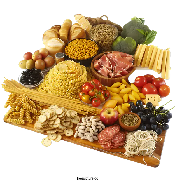 [Transparent Background PNG]Assortment of Food Products on a Wooden Cutting Board