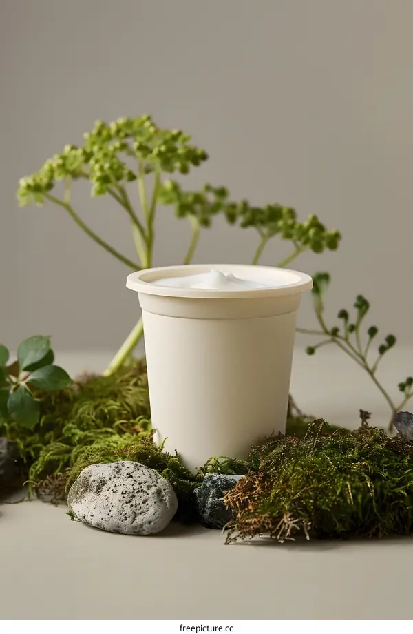 White Cream Jar On Green Moss And Rocks