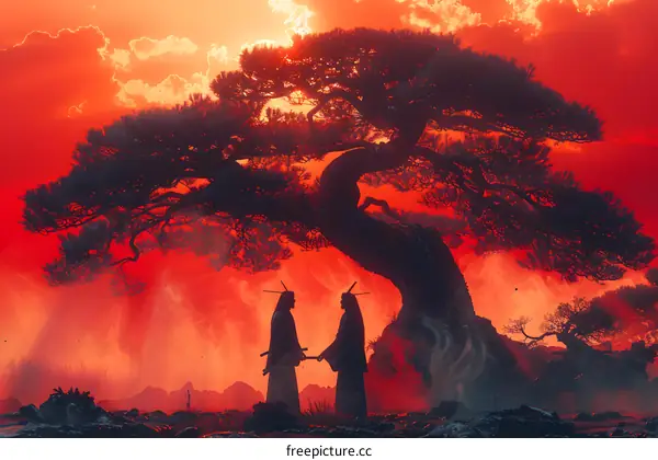 Two samurai stand under a large tree with a red sky in the background