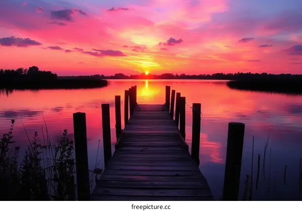 Wooden dock extending out into a lake at sunset