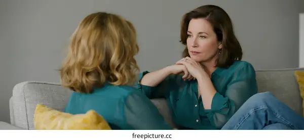 Two women sitting on a couch having a conversation